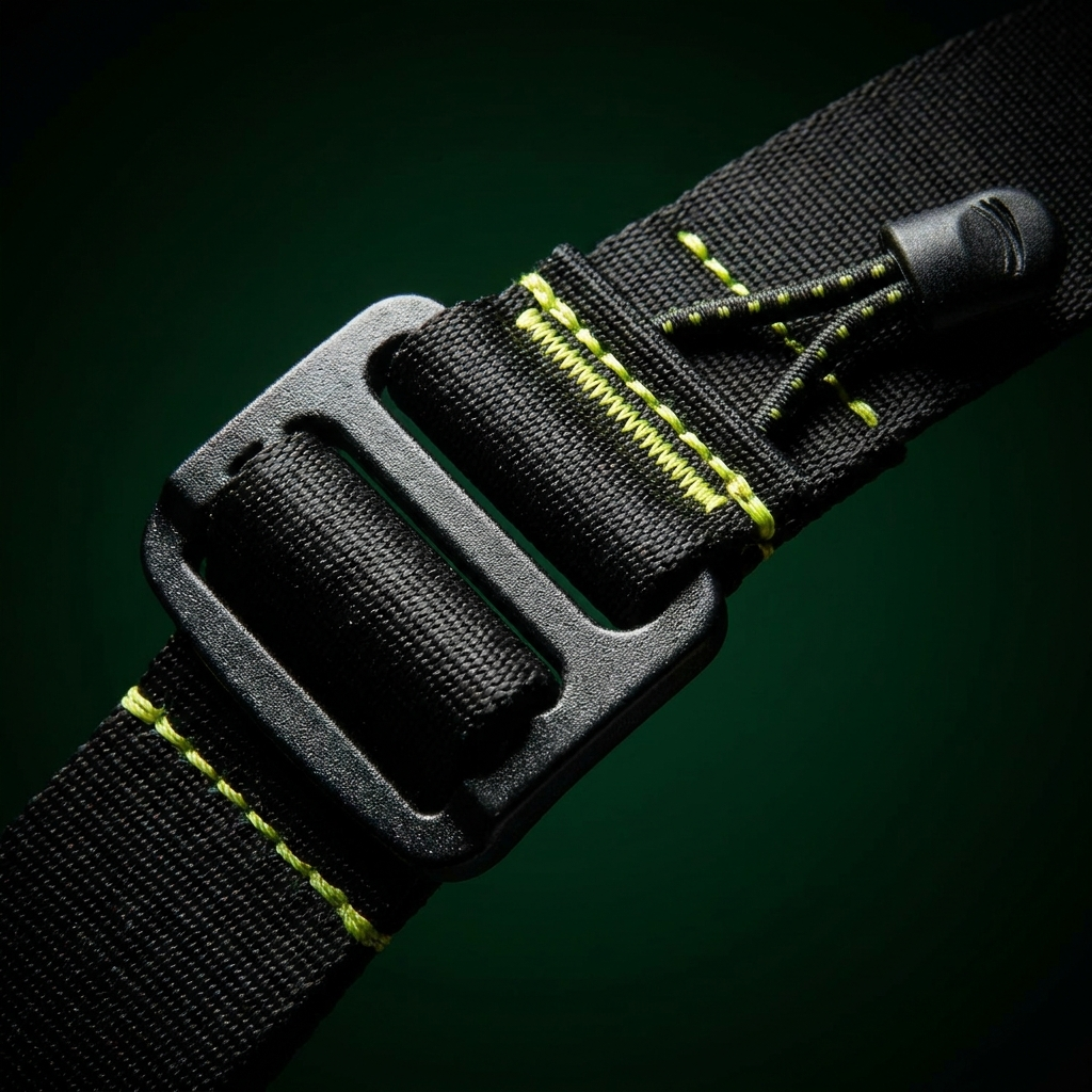 Close-up of belt buckle and cord clip