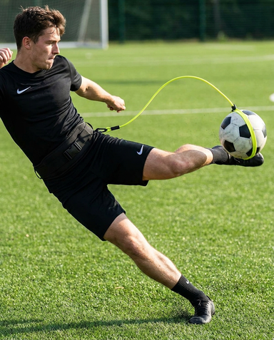 Player kicking with the training belt, ball returning on the cord