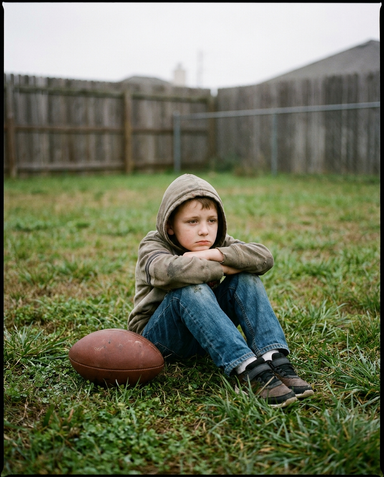 Bored kid sitting alone next to a football